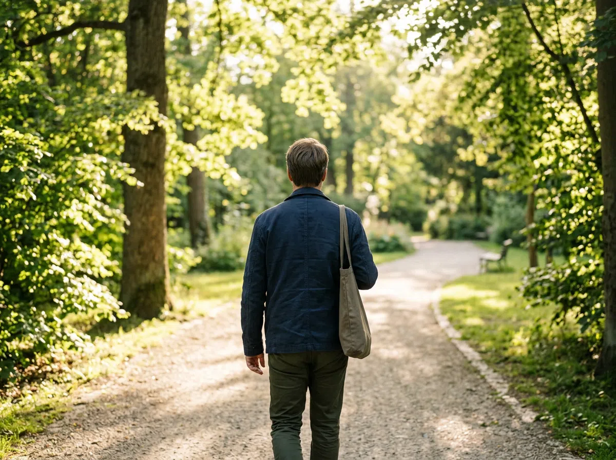 Anonieme man wandelt zelfverzekerd door een zonnig park, dagelijkse gezondheidsroutine mannen na 50